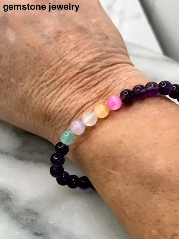 Amethyst and Selenite Bracelet with Rainbow Accents for Protective Energy - Bec Sue Jewelry Shop