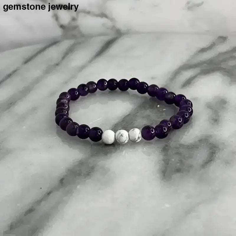 Amethyst and White Howlite Stretch Bracelet with Crystal Accents - Bec Sue Jewelry Shop