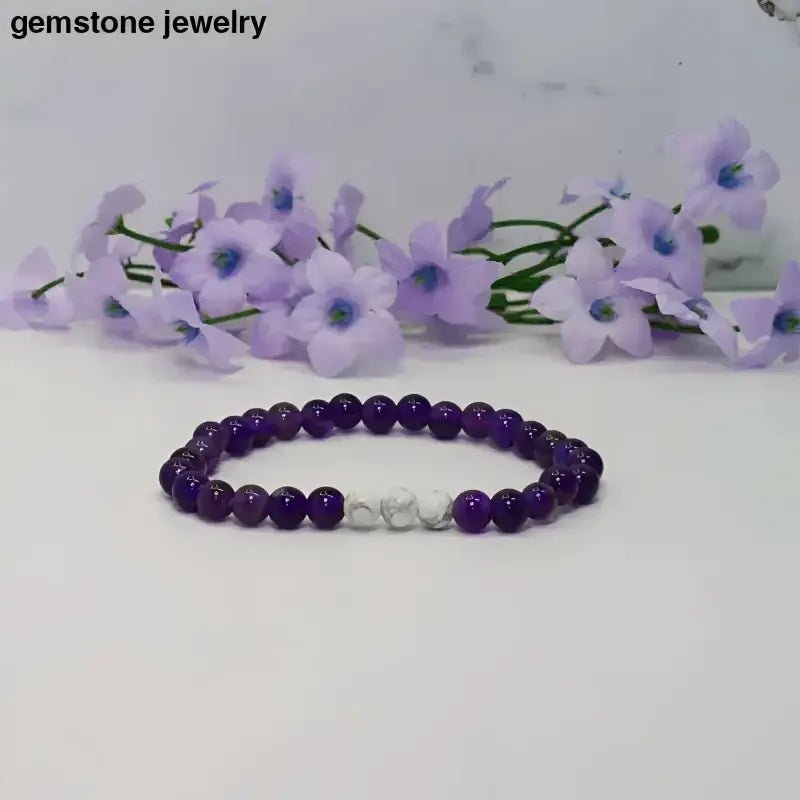 Amethyst and White Howlite Stretch Bracelet with Crystal Accents - Bec Sue Jewelry Shop
