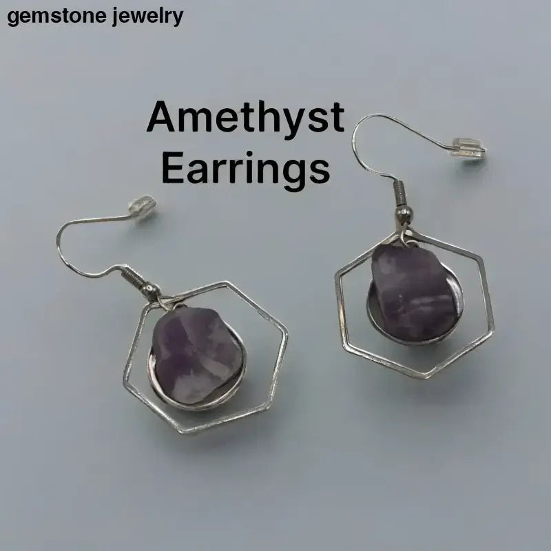 Amethyst Silver Dangling Hexagonal Earrings with Purple Stones - Bec Sue Jewelry Shop