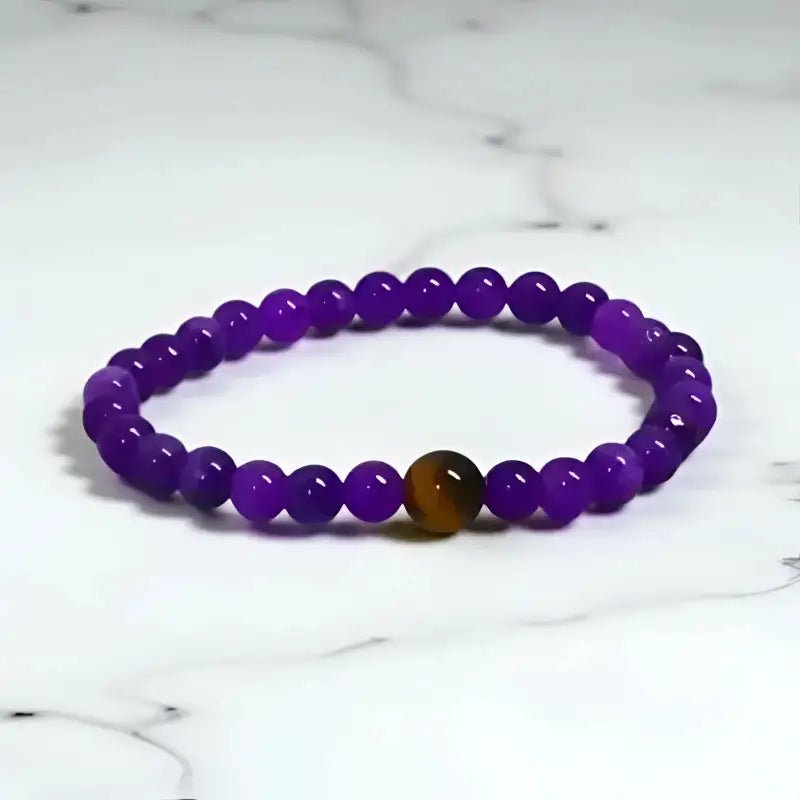 Amethyst Stretch Bracelet with Purple Beads and a Brown Accent Bead - Bec Sue Jewelry Shop