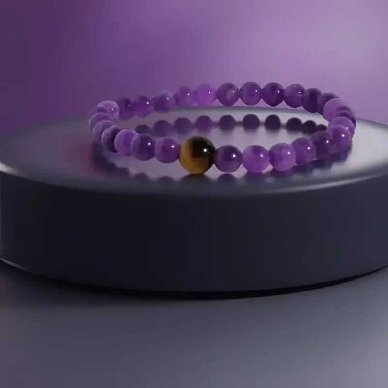 Amethyst Stretch Bracelet with Purple Beads and a Brown Accent Bead - Bec Sue Jewelry Shop