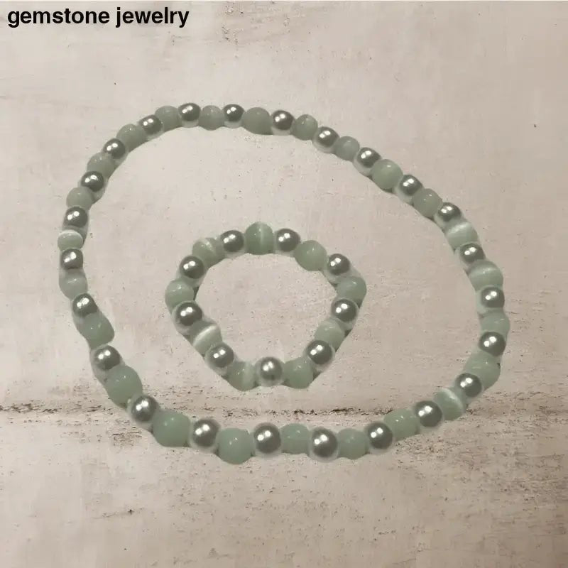 Beaded Necklace and Bracelet Set with Cats Eye and Pearl Beads - Bec Sue Jewelry Shop