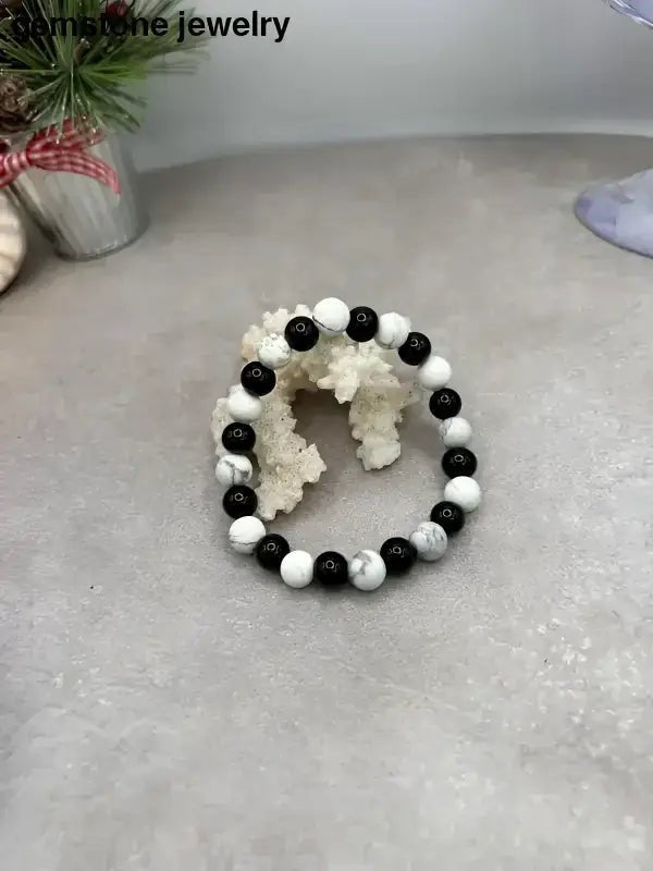 Black and White Howlite 8mm Stretch Bracelet with Onyx - Bec Sue Jewelry Shop
