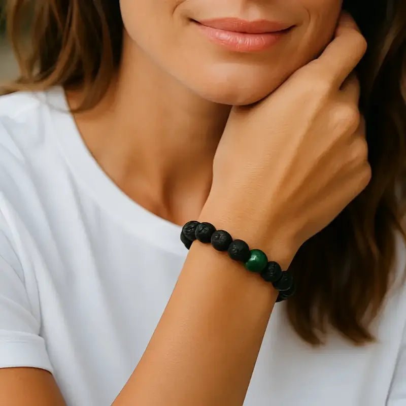 Black Lava Stone Bracelet with Green Accent and Tiger Eye - Bec Sue Jewelry Shop