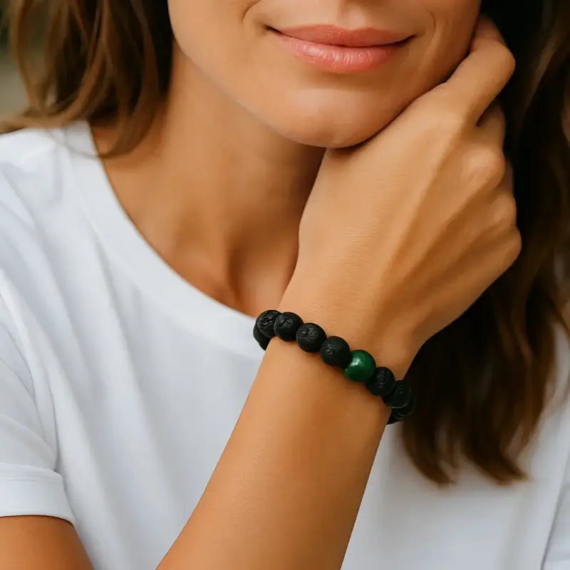 Black Lava Stone Bracelet with Green Accent and Tiger Eye for a stylish tiger eye bracelet look