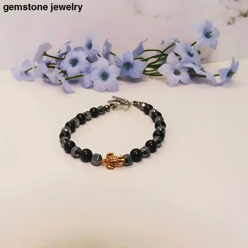 Black Onyx Beaded Bracelet with Gold Turtle Charm and Sterling Silver Clasp - Bec Sue Jewelry Shop