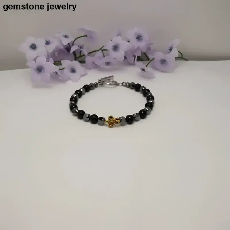 Black Onyx Beaded Bracelet with Gold Turtle Charm and Sterling Silver Clasp - Bec Sue Jewelry Shop