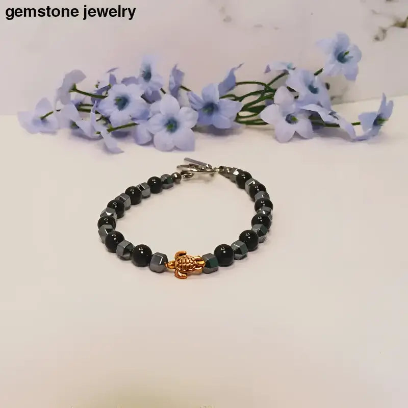 Black Onyx Beaded Bracelet with Gold Turtle Charm and Sterling Silver Clasp - Bec Sue Jewelry Shop