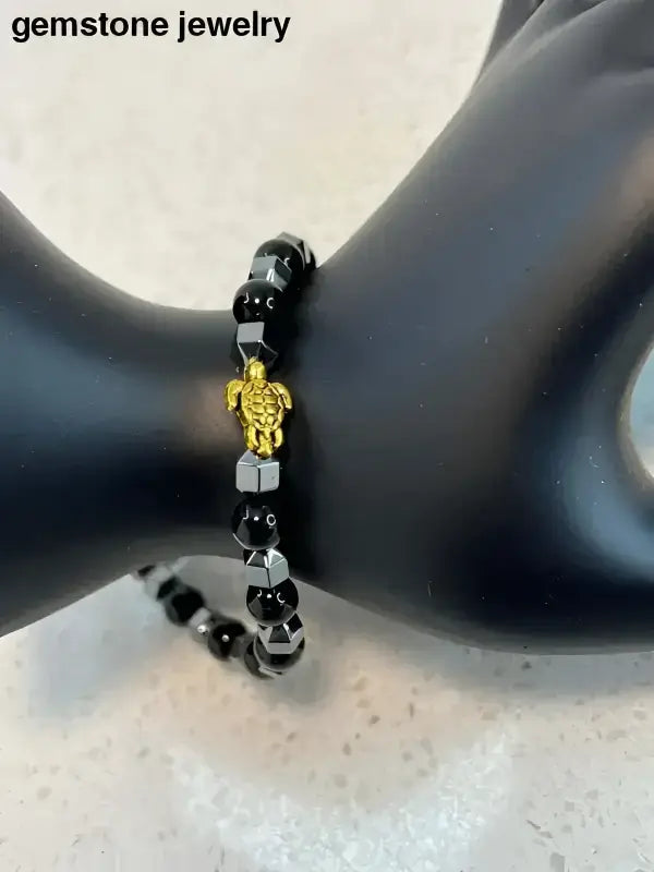 Black Onyx Beaded Bracelet with Gold Turtle Charm and Sterling Silver Clasp - Bec Sue Jewelry Shop