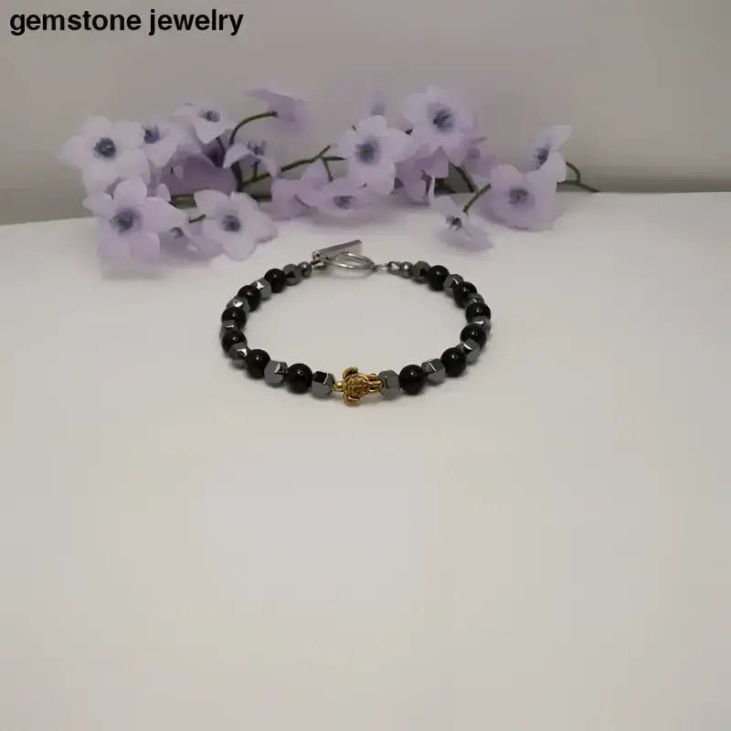 Black Onyx Beaded Bracelet with Gold Turtle Charm and Sterling Silver Clasp - Bec Sue Jewelry Shop