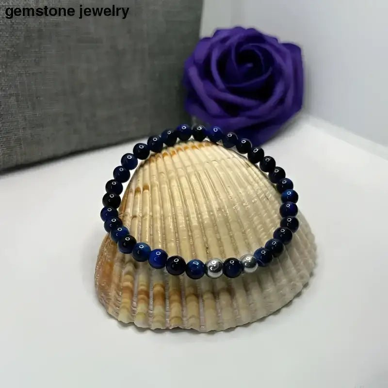 Blue Beaded Bracelet with Silver Accents and Tiger Eye Elements - Bec Sue Jewelry Shop