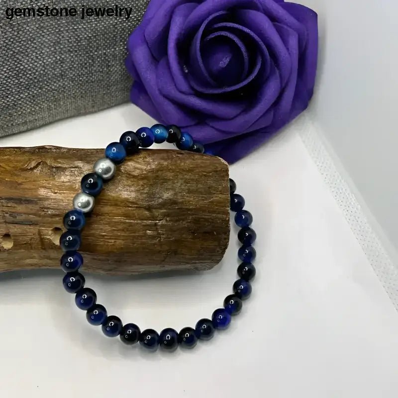 Blue Beaded Bracelet with Silver Accents and Tiger Eye Elements - Bec Sue Jewelry Shop