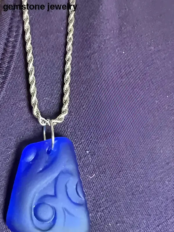 Blue Glass Pendant Necklace with Twisted Stainless Steel Chain - Bec Sue Jewelry Shop