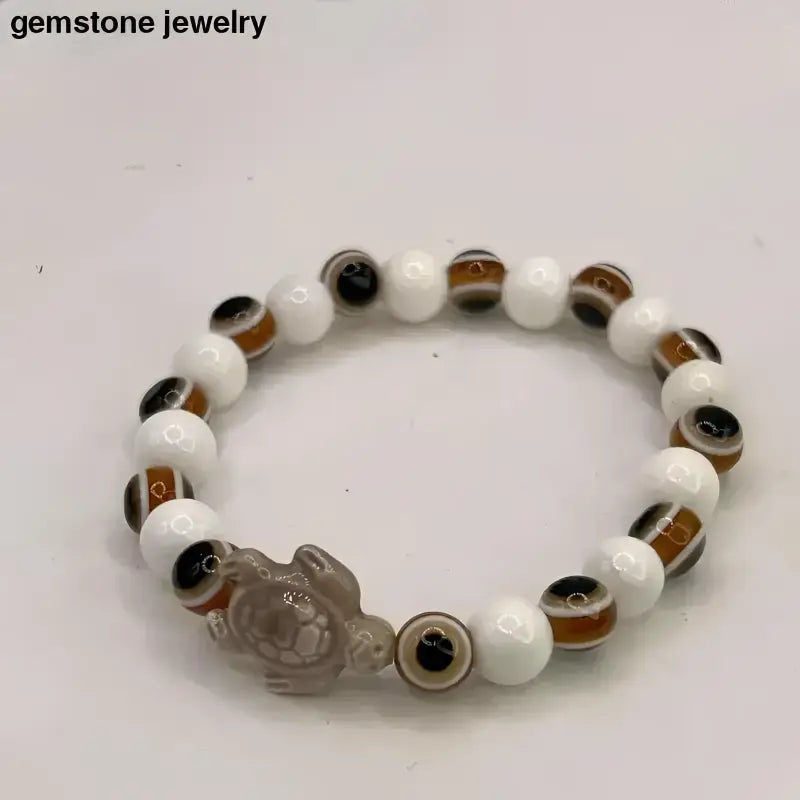 Brown Evil Eye Beaded Bracelet with Turtle Charm - Bec Sue Jewelry Shop