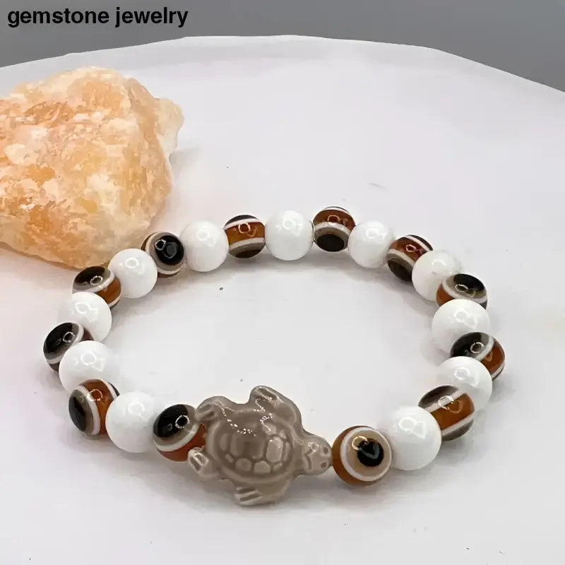 Brown Evil Eye Beaded Bracelet with Turtle Charm - Bec Sue Jewelry Shop