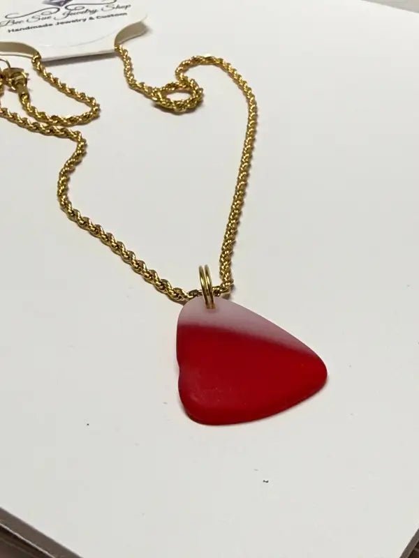 Elegant Gold Rope Necklace with Red and White Ombre Guitar Pick Pendant, Sea Glass Necklace - Bec Sue Jewelry Shop