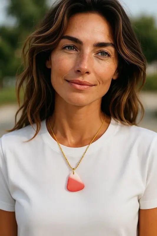 Elegant Gold Rope Necklace with Red and White Ombre Guitar Pick Pendant, Sea Glass Necklace - Bec Sue Jewelry Shop