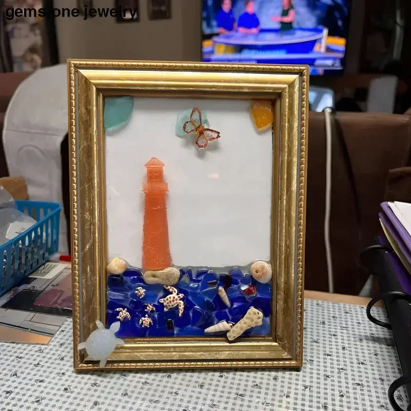 Framed Lighthouse Sea Glass Decor Art Picture - Bec Sue Jewelry Shop