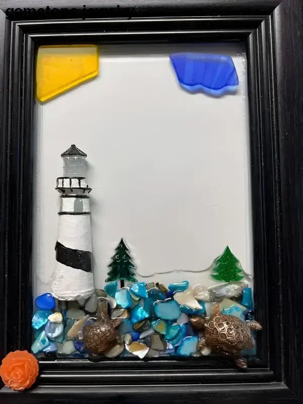 Framed Sea Glass Art Featuring a Beautiful Lighthouse Wall Design - Bec Sue Jewelry Shop