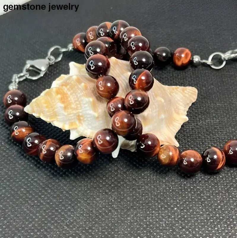 Garnet Beaded Bracelet with Red Tiger Eye Accent for Men - Bec Sue Jewelry Shop