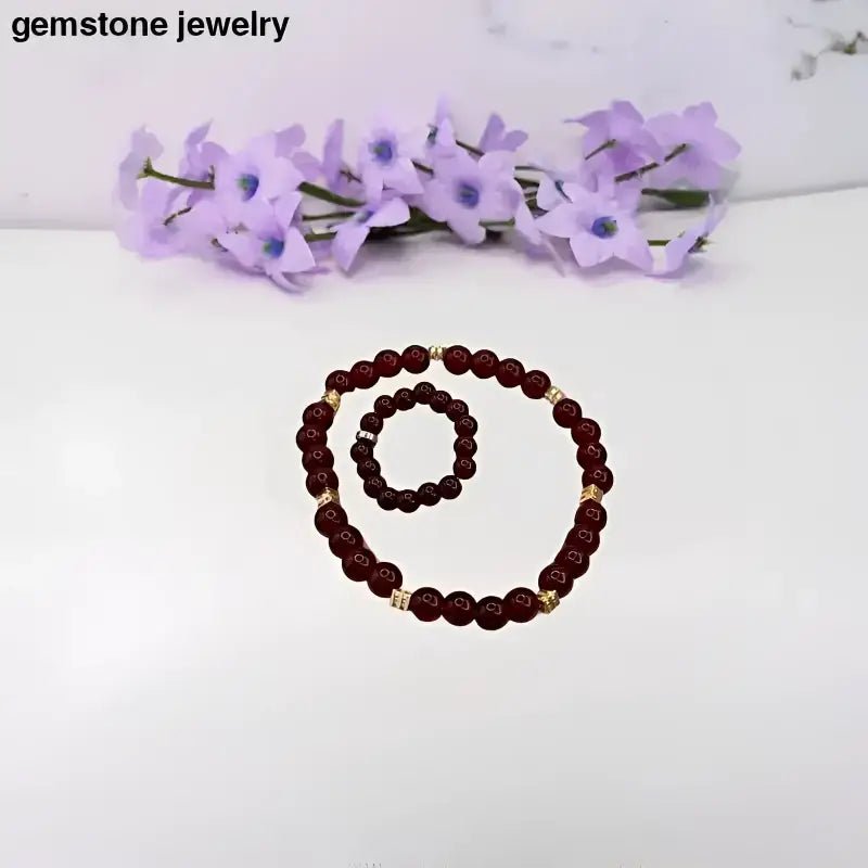 Garnet Glass Bracelet and Ring Set with Red Garnet Beads - Bec Sue Jewelry Shop