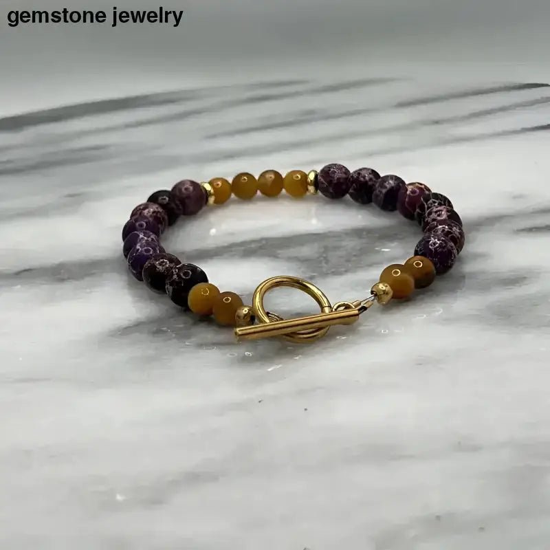 Gold Tiger Eye and Purple Jasper Beaded Bracelet - Bec Sue Jewelry Shop
