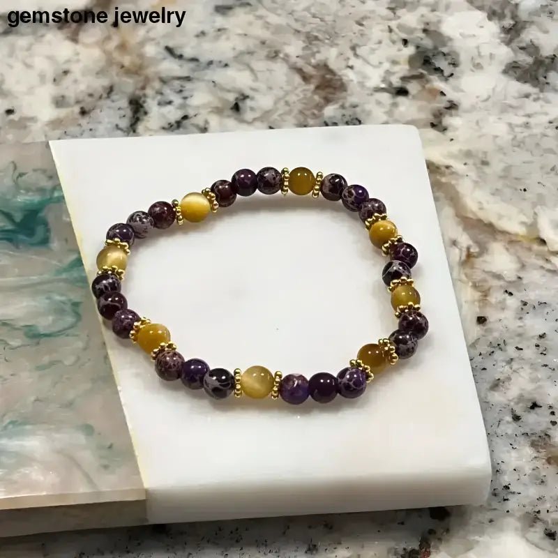 Gold Tiger Eye and Purple Jasper Beaded Gemstone Bracelet - Bec Sue Jewelry Shop