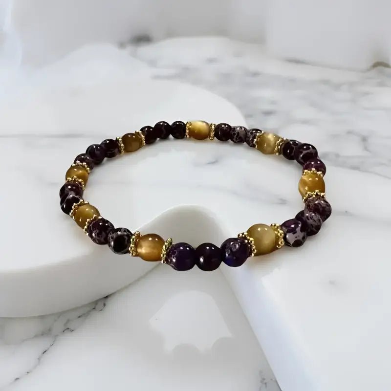 Gold Tiger Eye and Purple Jasper Beaded Gemstone Bracelet - Bec Sue Jewelry Shop