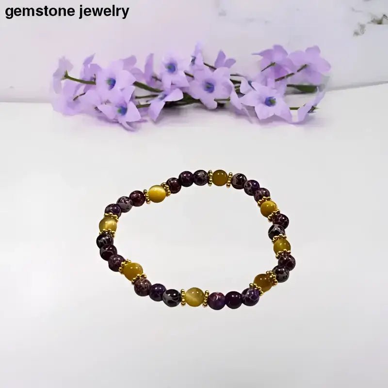 Gold Tiger Eye and Purple Jasper Beaded Gemstone Bracelet - Bec Sue Jewelry Shop