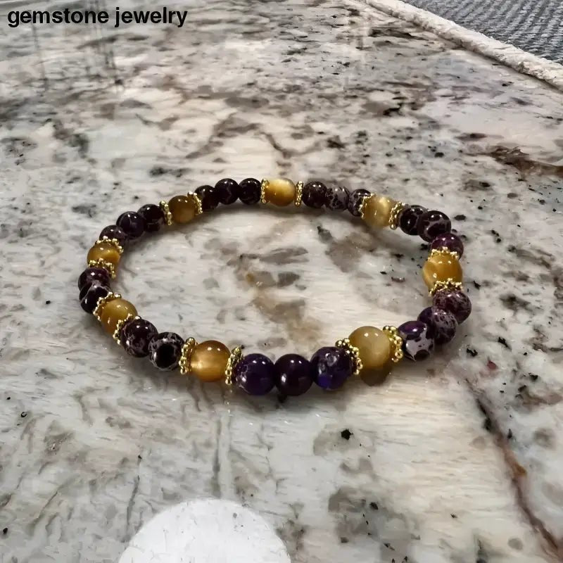 Gold Tiger Eye and Purple Jasper Beaded Gemstone Bracelet - Bec Sue Jewelry Shop