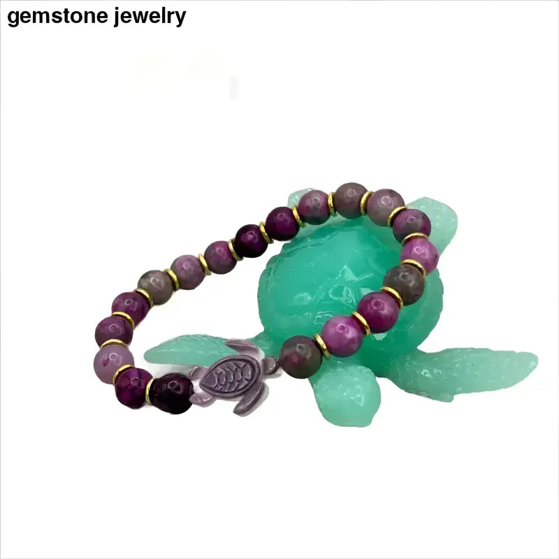 Hand Carved Turtle Bracelet with Purple Sugilite Gemstones - Bec Sue Jewelry Shop