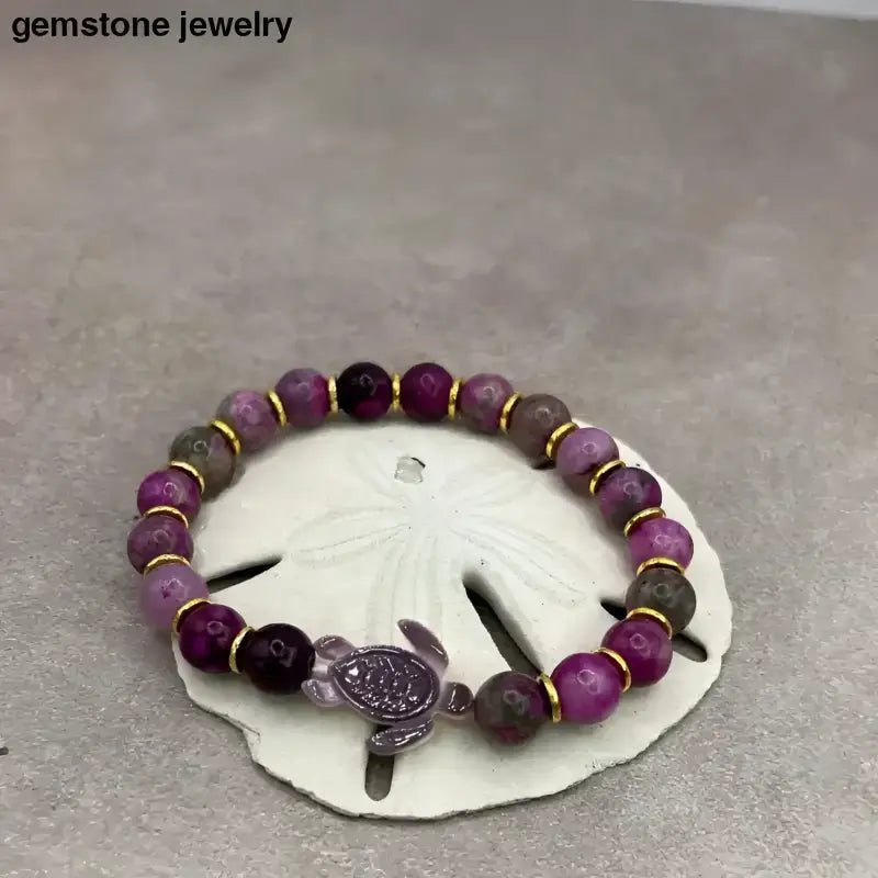 Hand Carved Turtle Bracelet with Purple Sugilite Gemstones - Bec Sue Jewelry Shop