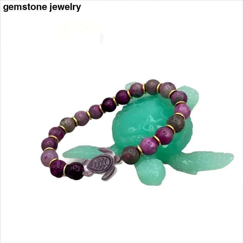 Hand Carved Turtle Bracelet with Purple Sugilite Gemstones - Bec Sue Jewelry Shop
