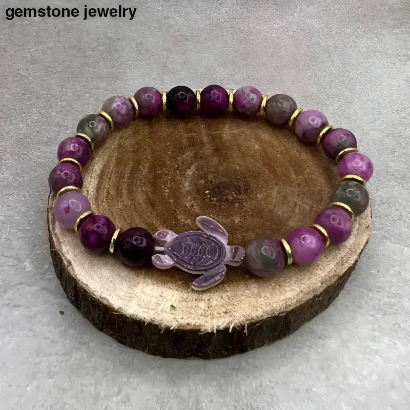 Hand Carved Turtle Bracelet with Purple Sugilite Gemstones - Bec Sue Jewelry Shop