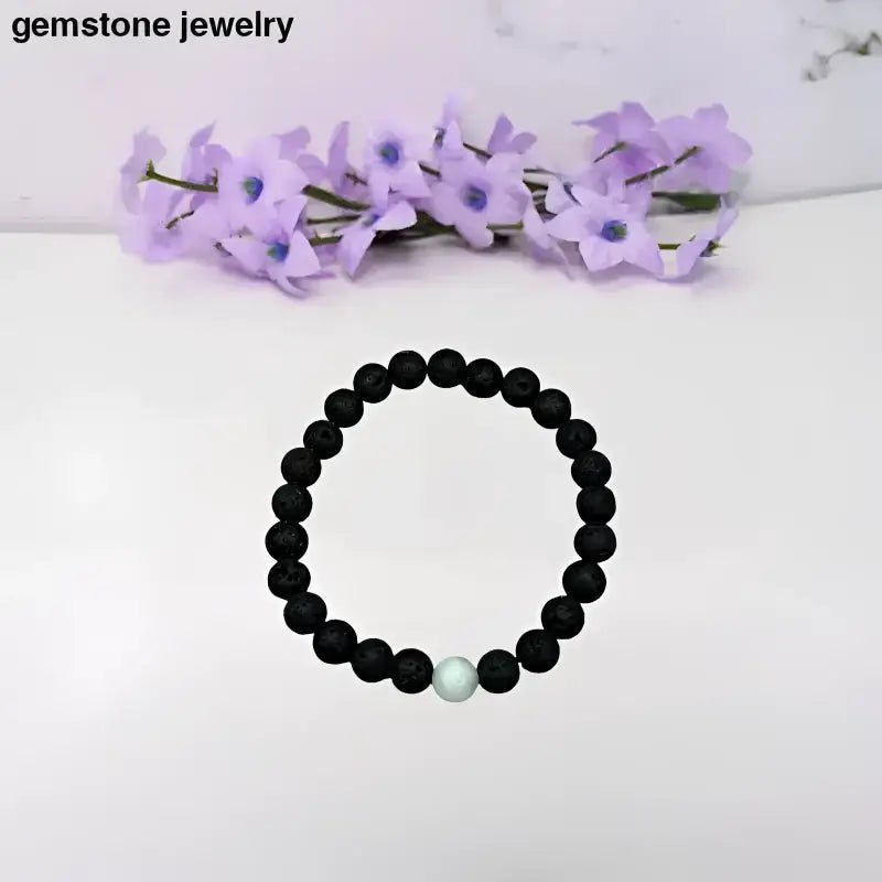Handcrafted Lava Stone Bracelet with Black Beads and White Accent - Bec Sue Jewelry Shop
