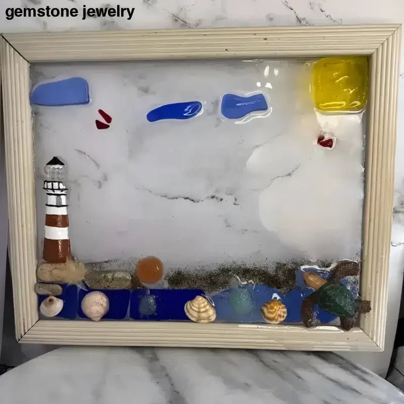 Handcrafted Lighthouse Picture Frame with Stained Glass Beach Scene - Bec Sue Jewelry Shop