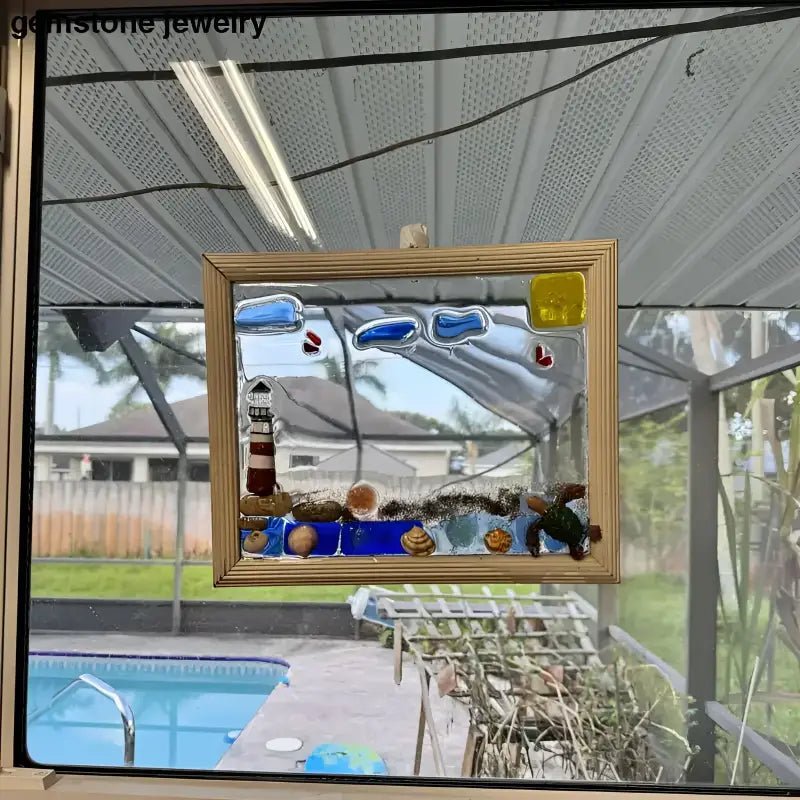 Handcrafted Lighthouse Picture Frame with Stained Glass Beach Scene - Bec Sue Jewelry Shop