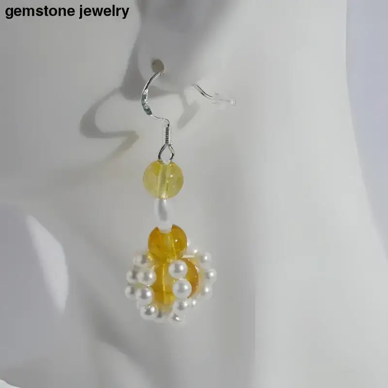 Handmade Statement Beaded Earrings with Yellow Beads and White Pearls - Bec Sue Jewelry Shop