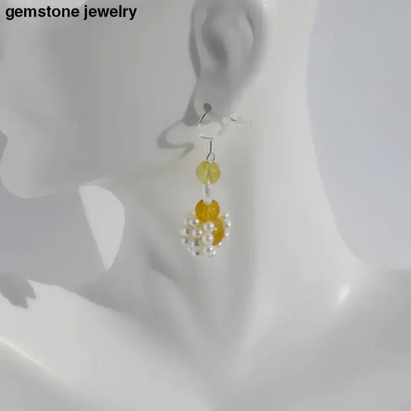 Handmade Statement Beaded Earrings with Yellow Beads and White Pearls - Bec Sue Jewelry Shop