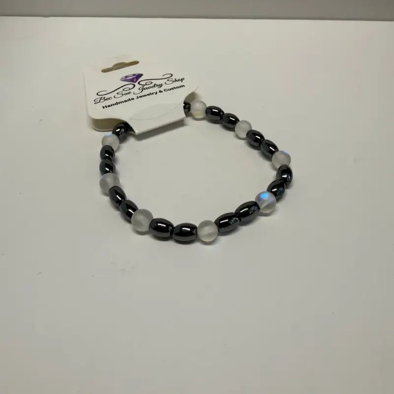 Hematite Moonstone Bracelet with Dark Oval and White Beads - Bec Sue Jewelry Shop