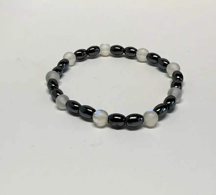 Hematite Moonstone Bracelet with Dark Oval and White Beads - Bec Sue Jewelry Shop
