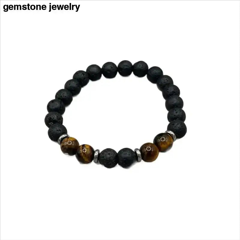 Lava Stone and Tiger Eye Beaded Bracelet with Sterling Silver Accents - Bec Sue Jewelry Shop