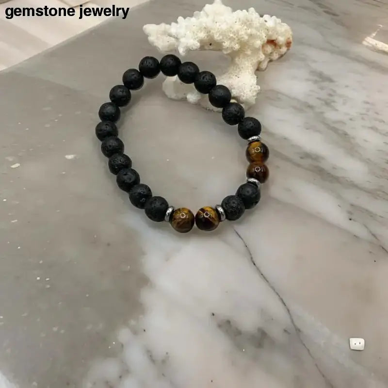 Lava Stone and Tiger Eye Beaded Bracelet with Sterling Silver Accents - Bec Sue Jewelry Shop