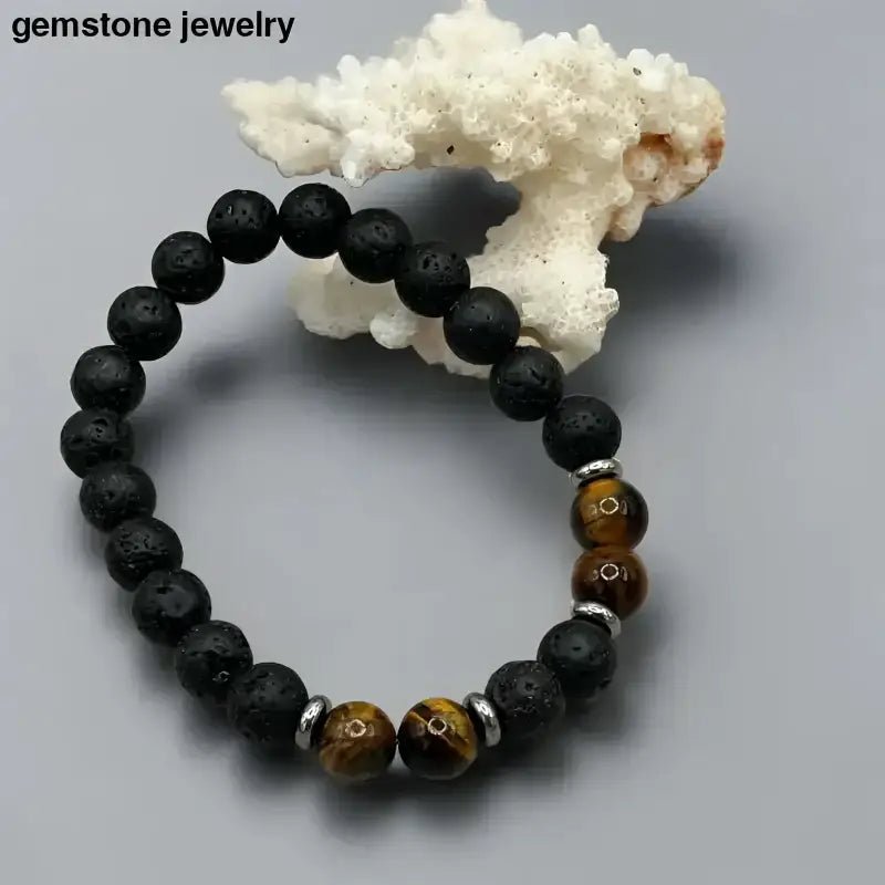 Lava Stone and Tiger Eye Beaded Bracelet with Sterling Silver Accents - Bec Sue Jewelry Shop