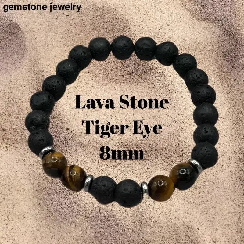 Lava Stone and Tiger Eye Beaded Bracelet with Sterling Silver Accents - Bec Sue Jewelry Shop