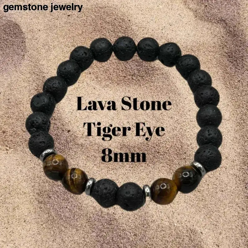 Lava Stone and Tiger Eye Beaded Bracelet with Sterling Silver Accents - Bec Sue Jewelry Shop