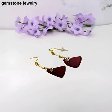 Maroon Trapezoid Dangling Earrings with Gold Accents - Bec Sue Jewelry Shop