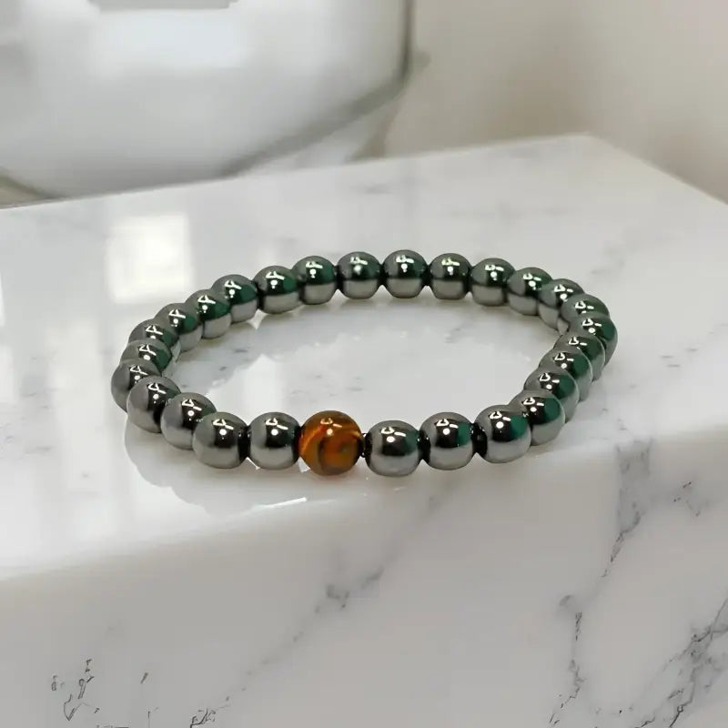 Mens hematite bracelet with brown stone bead and tiger’s eye accent for grounding properties