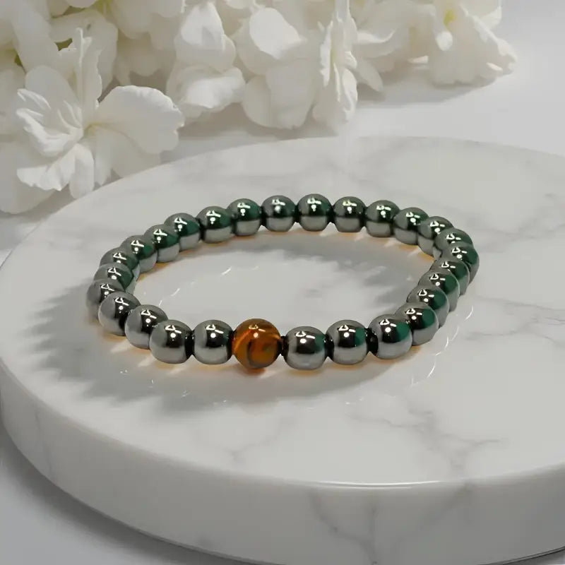 Mens Hematite Bracelet with 8mm hematite beads and tiger’s eye accent for grounding properties